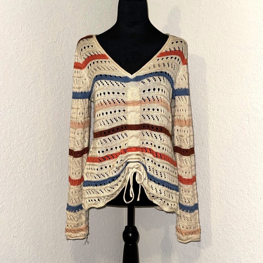 Maurices Striped Cinch Front Open Stitch Sweater Women's Small V-Neck Boho Beach